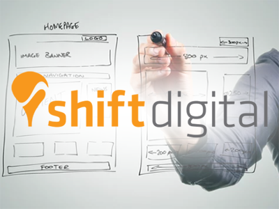 Shift Digital Logo with webpage planning background
